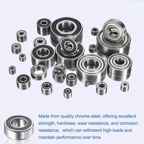 Assorted sizes of chrome steel ball bearings, including Five Pcs R188 2RS Deep Groove Ball Bearings One Quarter Inch Inner Diameter One Half