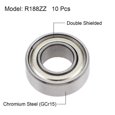 Close-up of R188ZZ double shielded deep groove ball bearing, chrome steel, 1/4 inch bore, model labeled, 10 pcs pack.