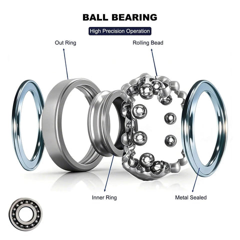 Exploded view of 20 PCS R188ZZ Deep Groove Ball Bearings - 1/4 Inch x 1/2 Inch x 3/16 Inch, showing chrome steel and metal seals.