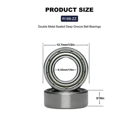 20 PCS R188ZZ Deep Groove Ball Bearings - 1/4 Inch x 1/2 Inch x 3/16 Inch - Both Sides Metal Shielded, showing product dimensions.