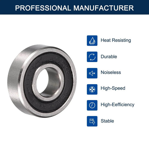 R4-2RS Deep Groove Ball Bearing, ID 1/4" x OD 5/8" x Width 9/32", double rubber sealed, chrome steel, shown with key features.