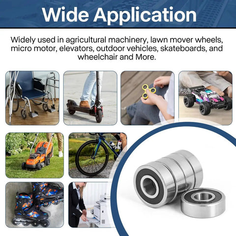 R4-2RS Double Sealed Miniature Bearings 20 pack shown with applications in machinery, 3D printers, RC vehicles, skateboards.