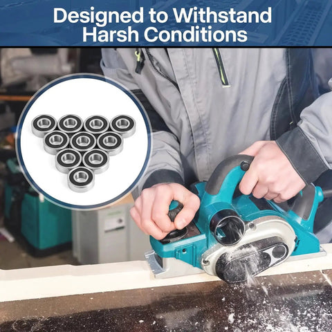 R4-2RS Double Sealed Miniature Bearings in woodworking tool setting, ideal for 3D printers, RC vehicles, and skateboards.