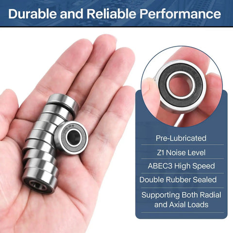 Pro-Grade R6-2RS Ball Bearings Set 1/4 By 5/8 By 0.196 Inch Double Sealed held in hand showing size and design features