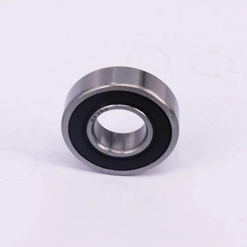 Single R8-2RS ball bearing with double sided seals, silver exterior, black seals, showing 1/2 x 1-1/8 x 5/16 inch dimensions for motors.
