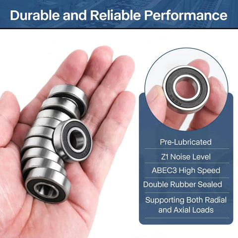 Person holding R8 2RS Ball Bearings 40 Pack With Half Inch Bore and One And One Eighth Inch Outer Diameter, showing dual rubber seals.