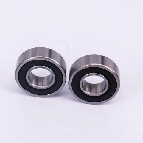 Two R8-2RS ball bearings with double sided seals for motors, wheelchairs, and forks, size 1/2 x 1-1/8 x 5/16 inch, front view.