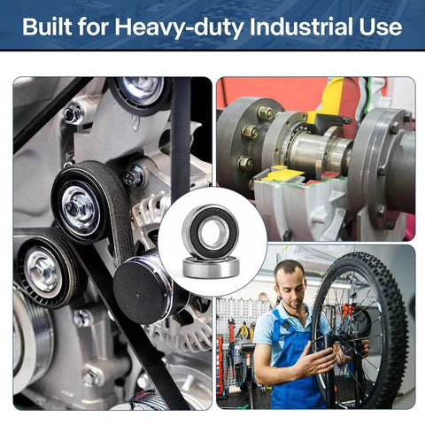 Collage showing R8 2RS Ball Bearings 40 Pack With Half Inch Bore And One And One Eighth Inch Outer Diameter used in machinery and bicycles.