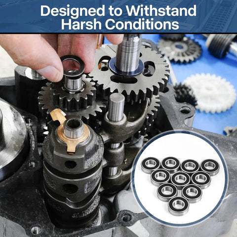 Person inserting R8 2RS Ball Bearings 40 Pack With Half Inch Bore And One And One Eighth Inch Outer Diameter Five Sixteenths Inch Width Dual Rubber Seals Low Noise Operation For Power Tools Bicycles Appliances And Small Machinery Donepart into machinery.