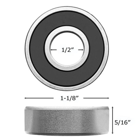 Front and side view of Half Inch Bore R8-2RS Double Sealed Ball Bearings For Electric Motors, Wheels, Home Appliances, And Garden Machinery, Inner.5 Inch, Outer 1.125 Inch, Width.3125 Inch, ABEC3 Precision, 10 Pack Donepart