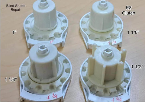 R8 clutch components for blind shade repair in various sizes, including Clutch R Series with Bead Stopper (White, R8-1" Tube)