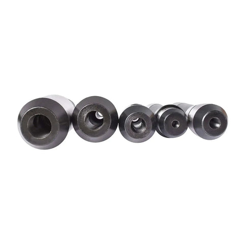 Five Piece R8 End Mill Holder Set With One Quarter Three Eighths One Half Five Eighths And Three Quarters Diameters Premium Alloy Forged Tool Steel Smooth Face Arbor Precision Ground Adapter For Bridgeport Type Milling Machines showing front view.