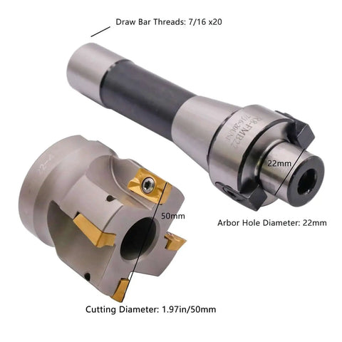 R8 Shank Face End Mill Arbor Kit With 7/16-20UNF Thread, 400R-50-22-4T 50mm 4-Flute Cutter Bore 22mm, visible components