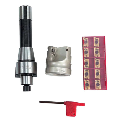 R8 Shank Face Mill Arbor Kit Seven Sixteen Inch Straight Shank 400R Cutter With 50mm Cutter Head And Ten Pcs APMT1604 Carbide Inserts T15 Wrench Durable Alloy Steel CNC Milling Tool For Plate Cutting And Heavy Duty Machining