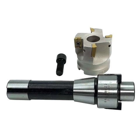 R8 Shank Face Mill Arbor Kit Seven Sixteen Inch Straight Shank 400R Cutter With 50mm Cutter Head And Ten Pcs APMT1604 Carbide Inserts T15 Wrench Durable Alloy Steel CNC Milling Tool For Plate Cutting And Heavy Duty Machining, showing tools and cutter head.
