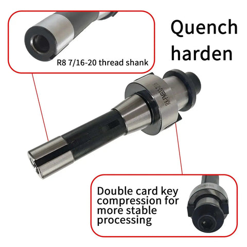 R8 Shell Mill Set With 100 Mm Face End Milling Cutter And 32 Mm Bore Arbor, 6 Flute, 7/16-20UNF Shank, close-up of shank.