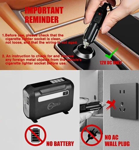 R8 Tire Inflator Portable Air Compressor 12V DC with warning to check car socket cleanliness and no AC plug compatibility