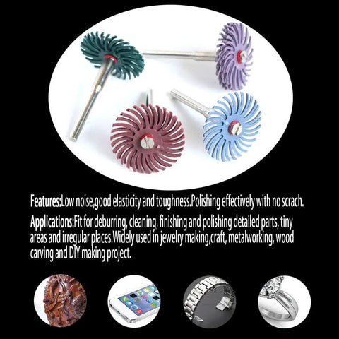 42 Pcs 1 Inch Radial Bristle Disc Kit With 3mm Shank For Rotary Tools, showing multi-colored discs for polishing jewelry and metal surfaces.