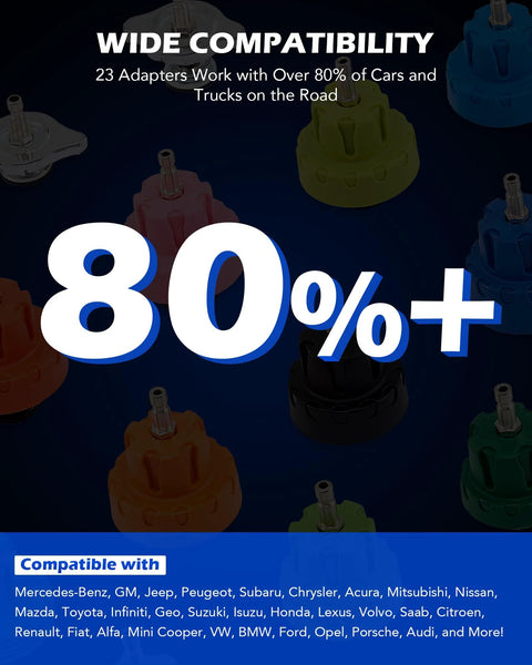 Orion Motor Tech coolant pressure tester kit on promo banner with 23 adapters, 80%+ off and a blue compatibility bar