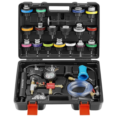BILTOOLS Radiator coolant pressure tester and vacuum refill kit, 28-piece set in a hard case with gauge and tubing.