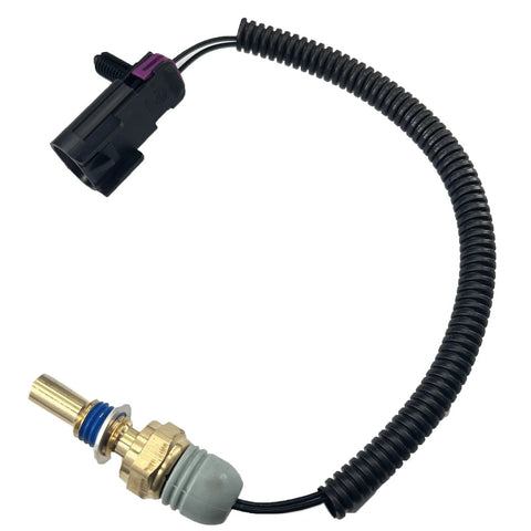 FainWan radiator coolant temperature sensor pigtail with brass stem, gray plastic tip, and black corrugated harness