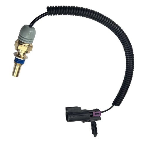 Radiator coolant temperature sensor pigtail with brass probe, gray boot, blue O-ring, and black connector