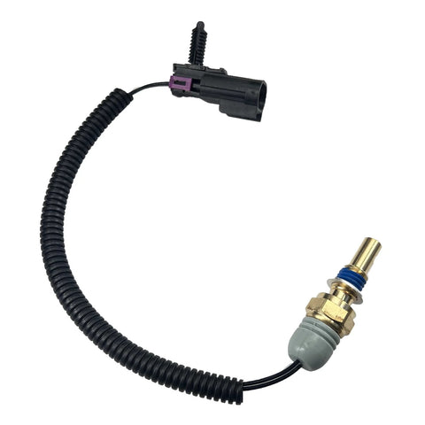 Radiator coolant temperature sensor pigtail assembly with brass sensor, blue O-ring, and black corrugated harness.