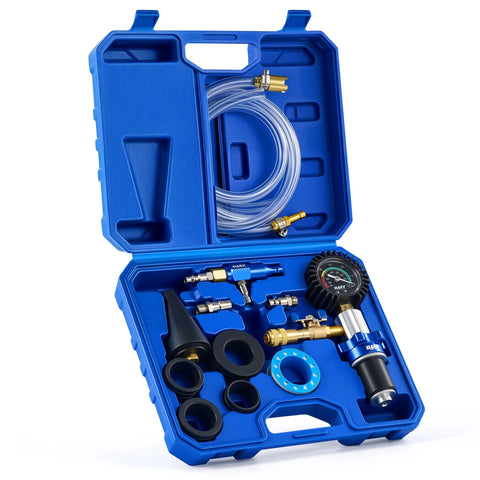 Orion Motor Tech coolant vacuum refill kit in blue case, 13-piece with conical and round adapters, hoses, gauge.