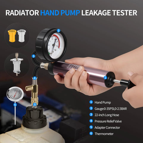 Automotive radiator tester kit by Amazon with hand pump, 0–35 PSI gauge, 22-inch hose, relief valve, adapter,thermometer