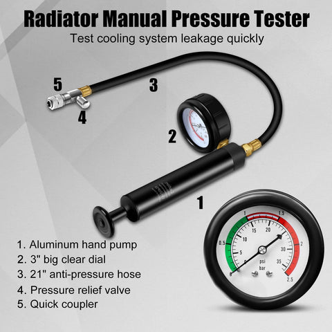 Automotive radiator pressure tester kit by ADAFIRST, black with aluminum hand pump, 3-inch dial, 21-inch hose.