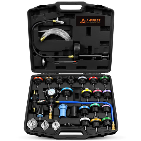 ADAFIRST 28-piece automotive radiator pressure tester and coolant refill kit in black case with gauge and adapters.
