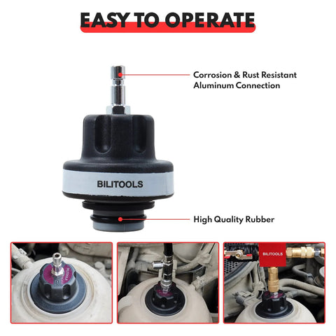 BILITOOLS radiator coolant pressure tester head with aluminum connection and rubber seal, black body.