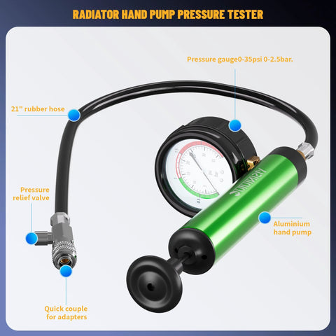 Universal 28-piece radiator pressure tester kit with green aluminum hand pump, pressure gauge and 21-inch rubber hose.