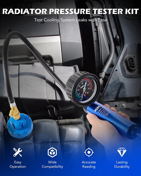 Orion Motor Tech coolant pressure tester kit with gauge, blue vacuum pump, and radiator adapters in a car engine bay
