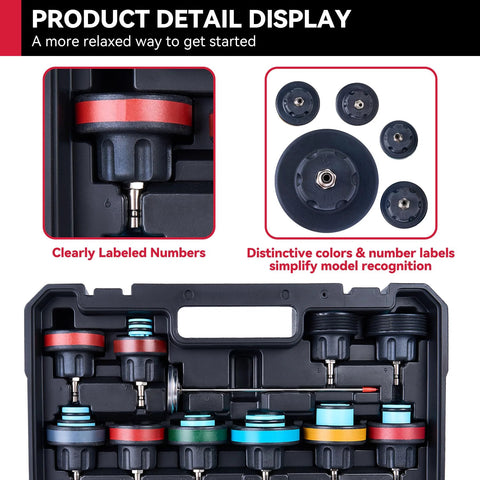 KOOPOOL 30PCS radiator pressure tester kit in case; color-coded caps for automotive cooling system testing, Amazon brand.