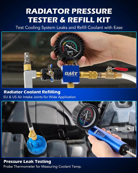 Orion Motor Tech radiator pressure tester kit with 26pc coolant vacuum refill set, gauge, blue manifold, brass adapters