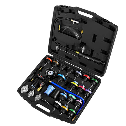 JIFETOR radiator coolant pressure tester kit in black case with 28 pieces, gauge, hoses and adapters for automotive cooling