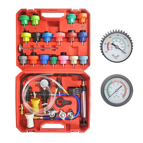 HZAUTOS 28-piece coolant vacuum refill kit with 23 radiator adapters in red case, pressure gauge and hoses