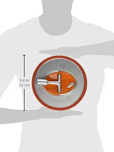 Radius360 Round Sanding Tool With Interchangeable Center Hub 9 Inch, showing size in hand, orange and silver finish