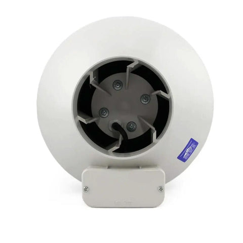 Ultra Quiet Radon Mitigation Fan For 4 Inch Duct RP140 With Energy Efficient Water Hardened Impeller And Thermally Protected Motor Meets Electrical Code For Residential And Commercial Use In Attics Basements And Crawlspaces RadonAway, showing front view.