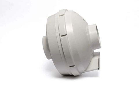 Side view of a white Radon Mitigation Inline Duct Fan, 260 CFM, Quiet And Energy Efficient, 4 Inch Electric Inline Fan in Glass Reinforced Poly Resin