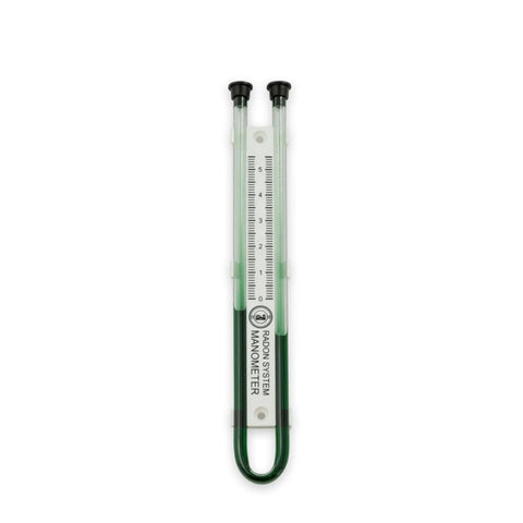 Radon system manometer with a clear plastic tube, used for measuring gas levels in radon mitigation systems