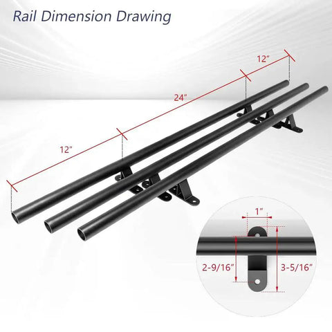 12 Foot Sliding Library Ladder Hardware Kit For Black Retractable Rolling Ladder With Braking Casters Adjustable Upright Position Max Load 300 Pounds No Ladder Included All In One Kit For Easy Weekend Installation, showing rail dimensions.
