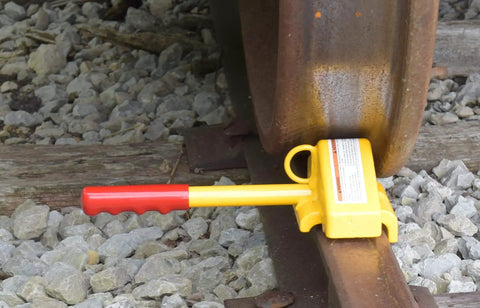 Steel Single Rail Chock With Handle For Keeping Railroad Cars From Moving All Welded Steel Construction Bright Yellow Finish