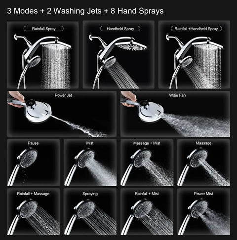 High Pressure Rain Shower Head With Magnetic Detachable Handheld Combo showing 10 spray settings and powerful jets.