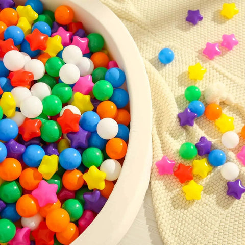 Ball Pit Balls for Toddlers - 50 Count Star Balls Different Shapes for Festival Indoor Outdoor, Party Decoration for Babies Kids (Rainbow) in a bowl