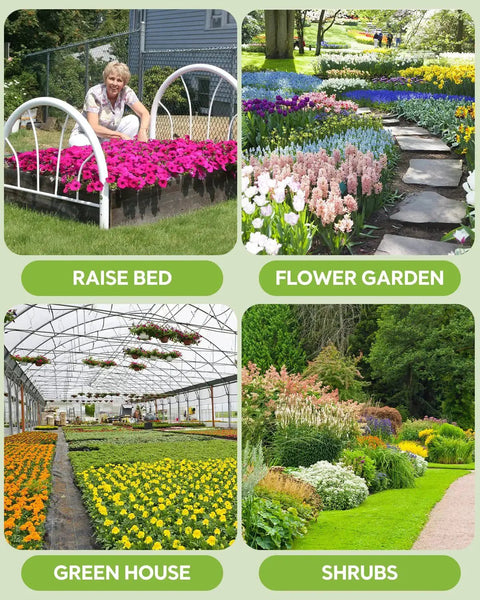 Collage of raised bed, flower garden, greenhouse, and shrubs showcasing various gardening setups.