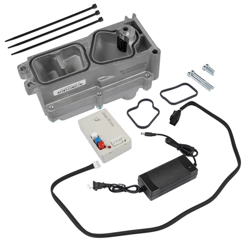 Turbo actuator calibrated kit for 6.7L Cummins; includes actuator housing, control box, power supply, gaskets, bolts.