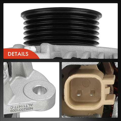 Close-up view of a Beefed-Up 12V 180A Alternator For Dodge Ram Trucks 2010-2023 with 6-groove pulley and connector.