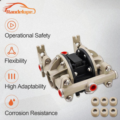 Raodelupe 66605J-3EB 1/2 Inch Plastic Diaphragm Pump with operational safety and flexibility features shown on a gray background